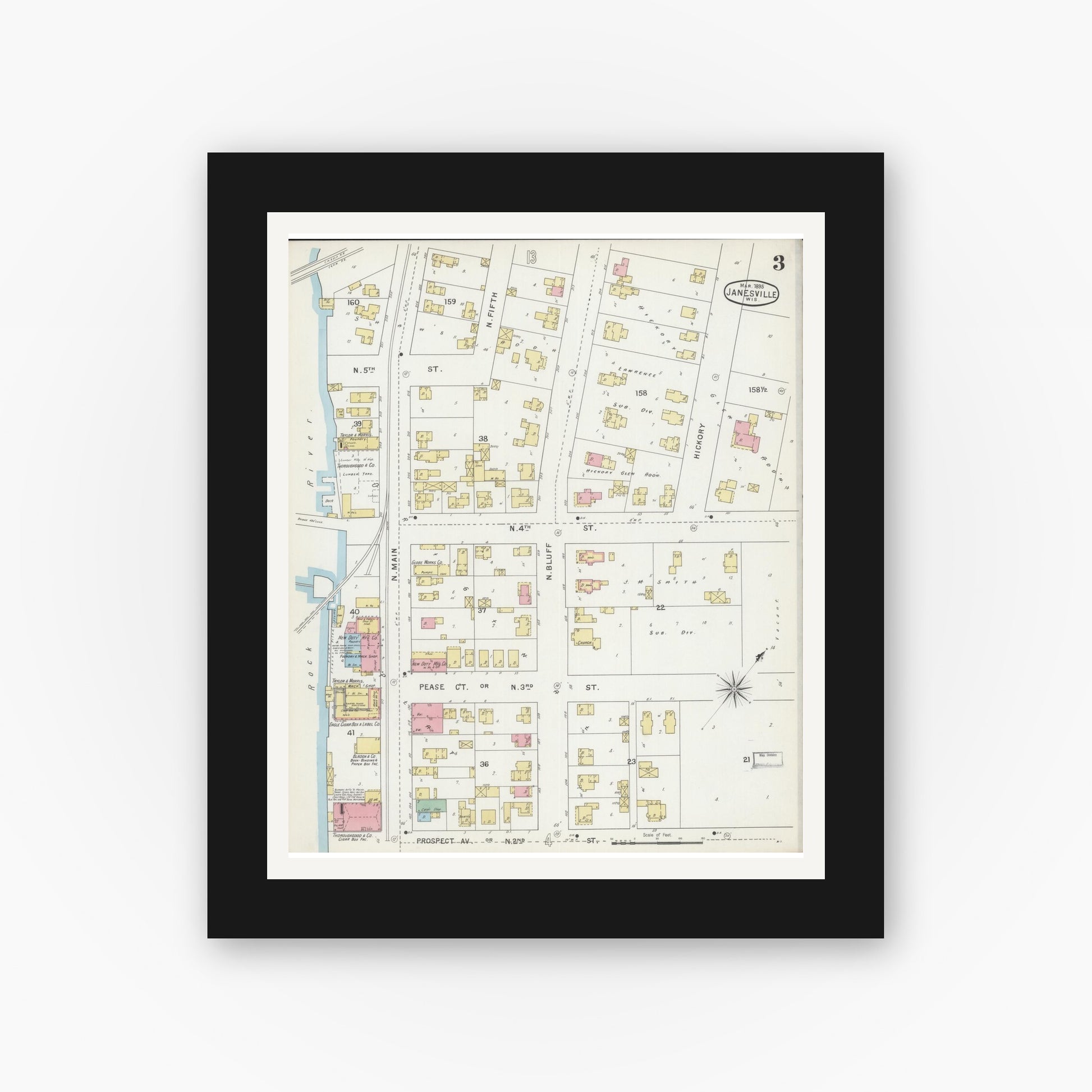 Old map wall art mockup — black gallery frame with white mat — Sanborn Fire Insurance Map from Janesville, Rock County, Wisconsin (1895), Sheet #0003