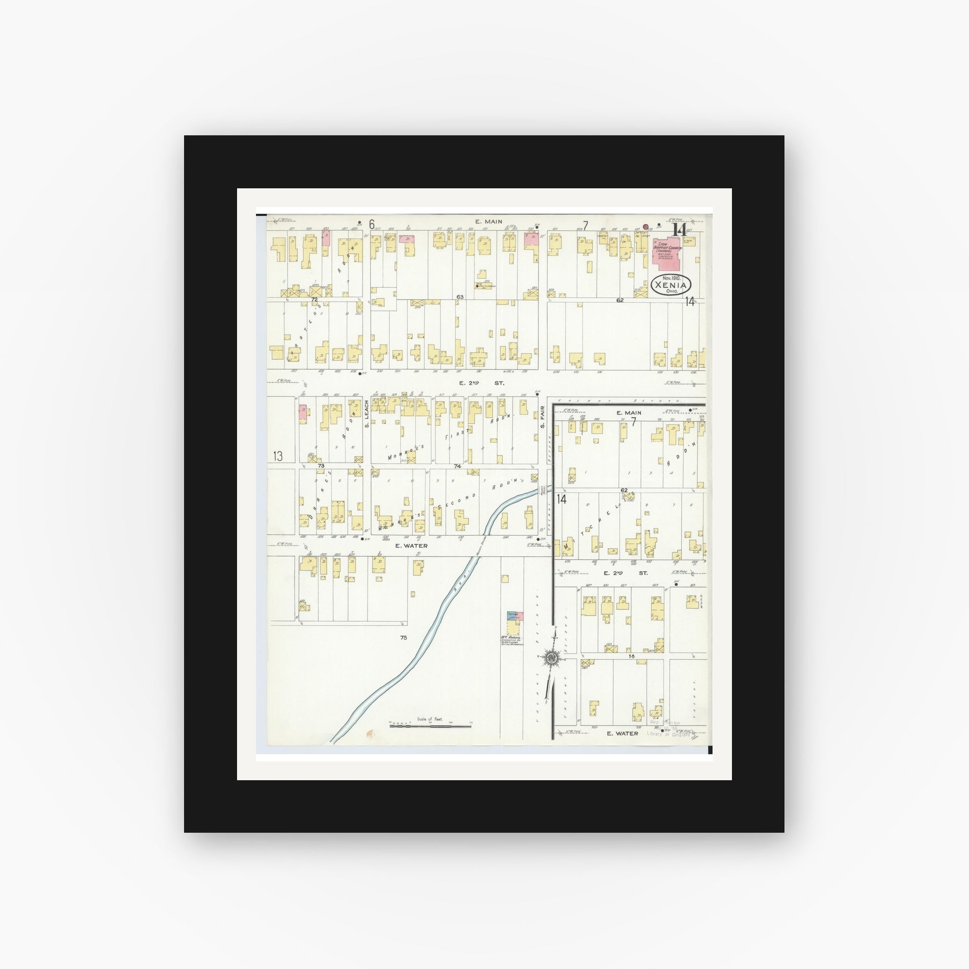 Old map wall art mockup — black gallery frame with white mat — Sanborn Fire Insurance Map from Xenia, Greene County, Ohio (1910), Sheet #0014