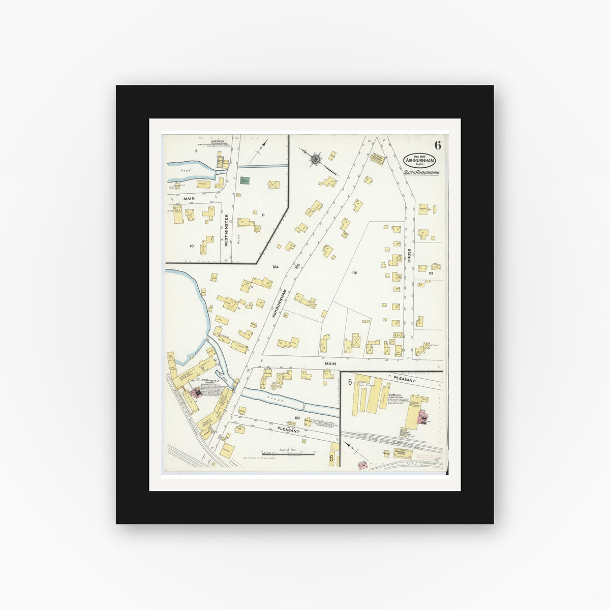 Old map wall art mockup — black gallery frame with white mat — Sanborn Fire Insurance Map from Ashburnham, Worcester County, Massachusetts (1909), Sheet #0006
