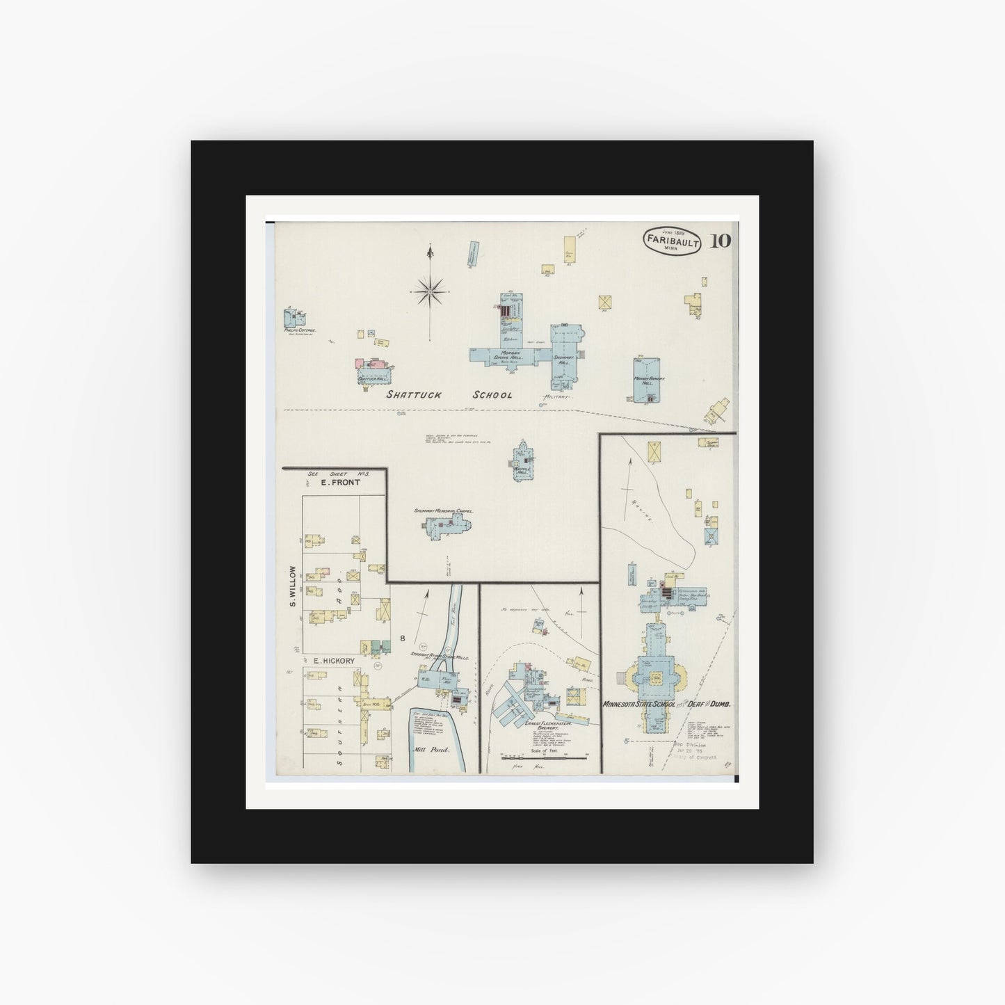 Old map wall art mockup — black gallery frame with white mat — Sanborn Fire Insurance Map from Faribault, Rice County, Minnesota (1889), Sheet #0010