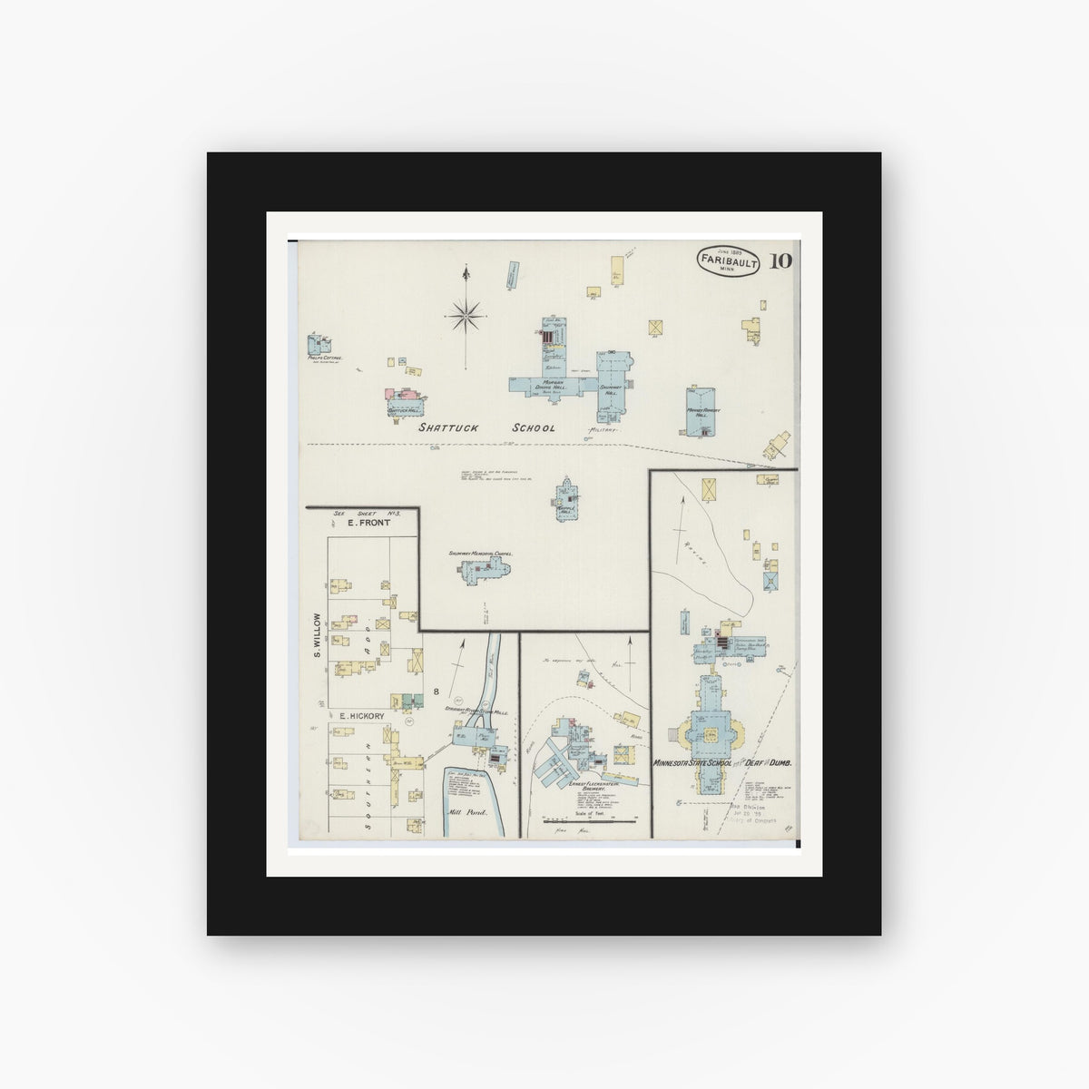 Old map wall art mockup — black gallery frame with white mat — Sanborn Fire Insurance Map from Faribault, Rice County, Minnesota (1889), Sheet #0010