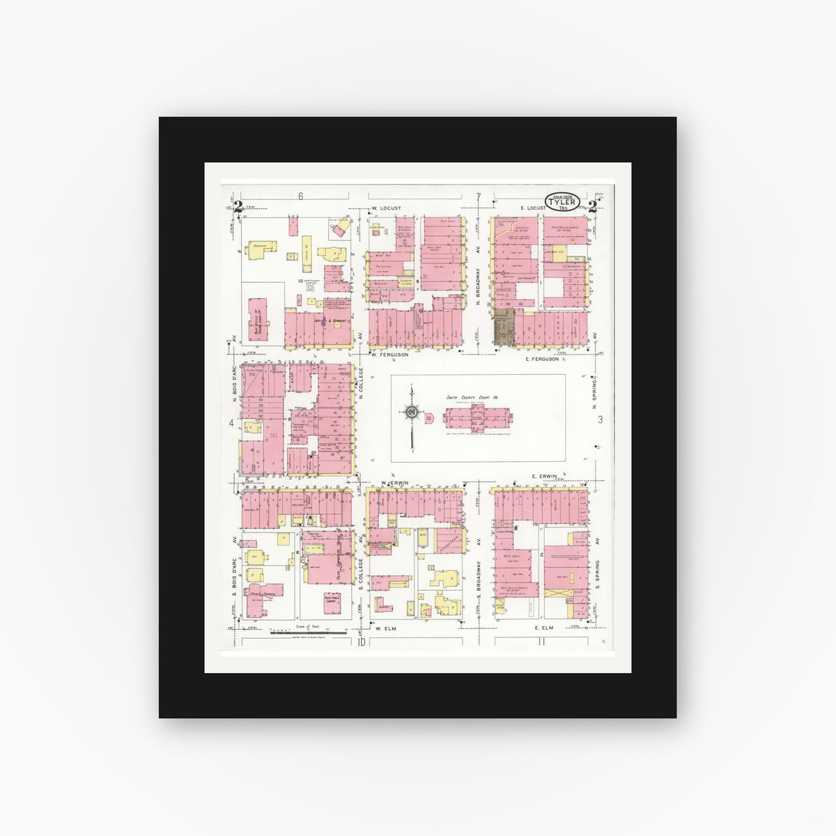 Old map wall art mockup — black gallery frame with white mat — Sanborn Fire Insurance Map from Tyler, Smith County, Texas (1928), Sheet #0002