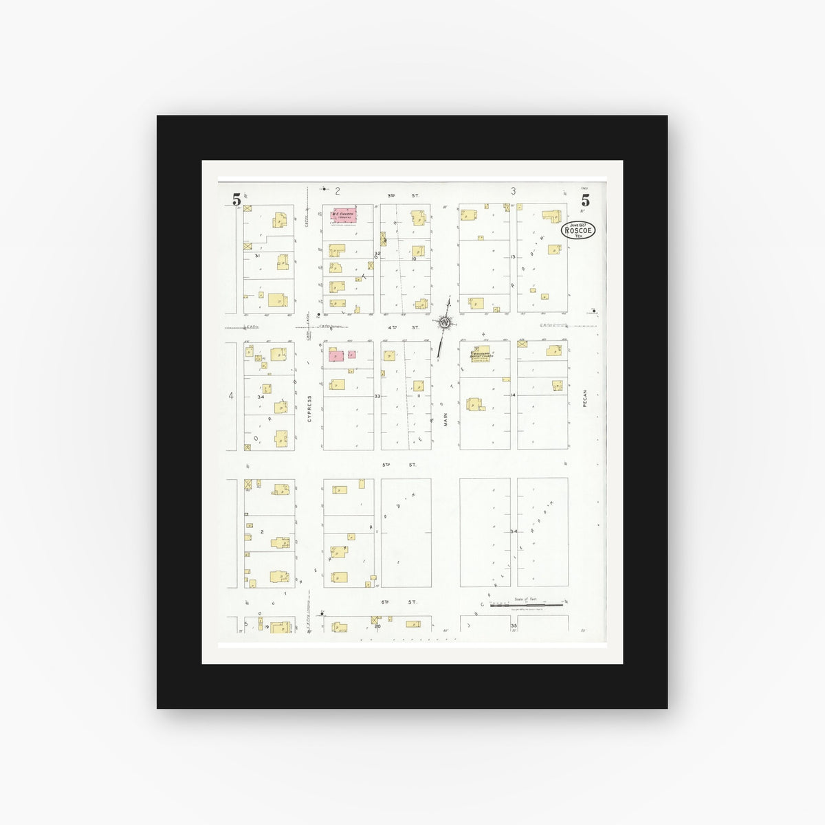 Old map wall art mockup — black gallery frame with white mat — Sanborn Fire Insurance Map from Roscoe, Nolan County, Texas (1927), Sheet #0005