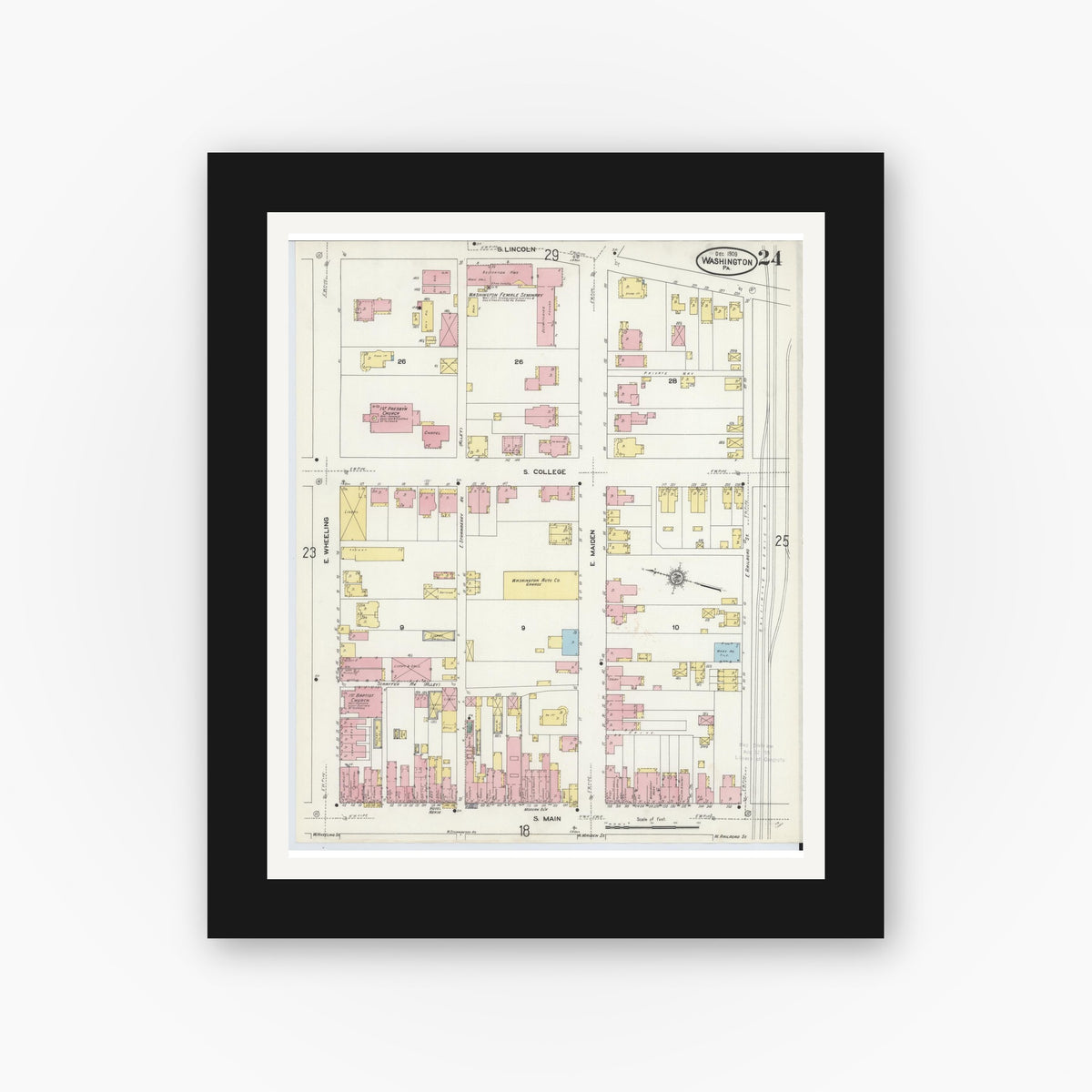 Old map wall art mockup — black gallery frame with white mat — Sanborn Fire Insurance Map from Washington, Washington County, Pennsylvania (1909), Sheet #0024