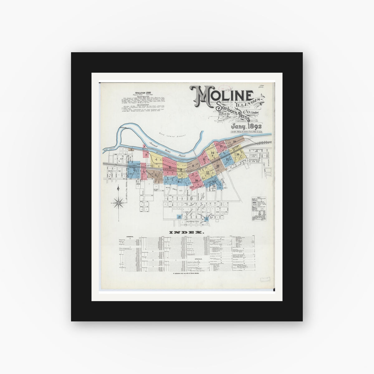 Old map wall art mockup — black gallery frame with white mat — Sanborn Fire Insurance Map from Moline, Rock Island County, Illinois (1892), Sheet #0001
