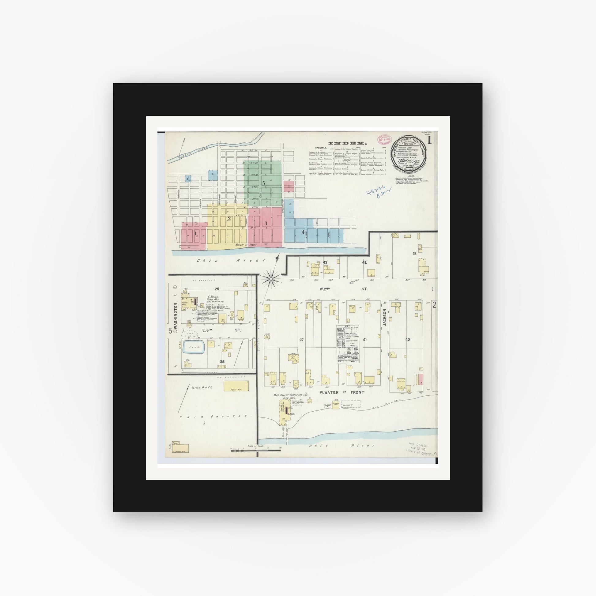 Old map wall art mockup — black gallery frame with white mat — Sanborn Fire Insurance Map from Manchester, Adams County, Ohio (1897), Sheet #0001