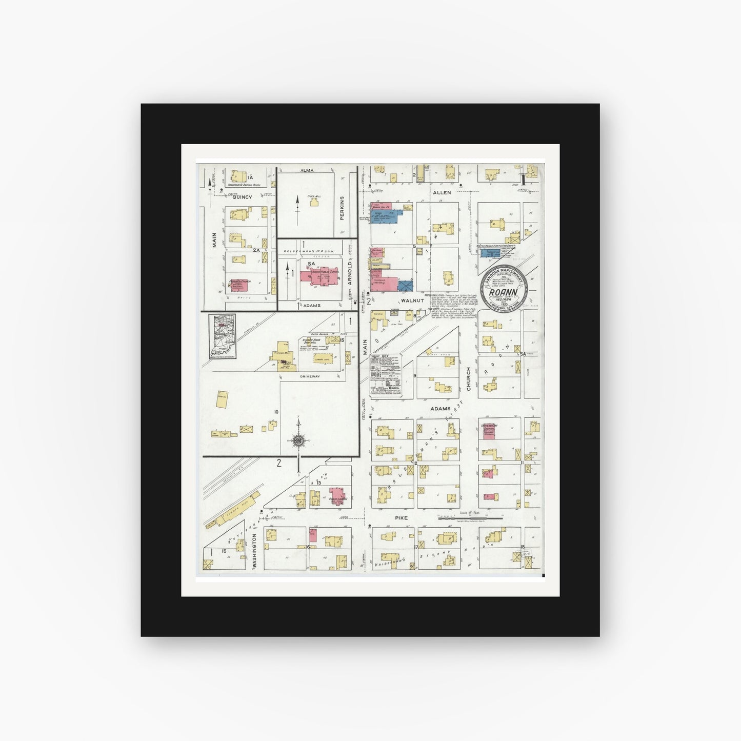 Old map wall art mockup — black gallery frame with white mat — Sanborn Fire Insurance Map from Roann, Wabash County, Indiana (1920) - Complete Map Set