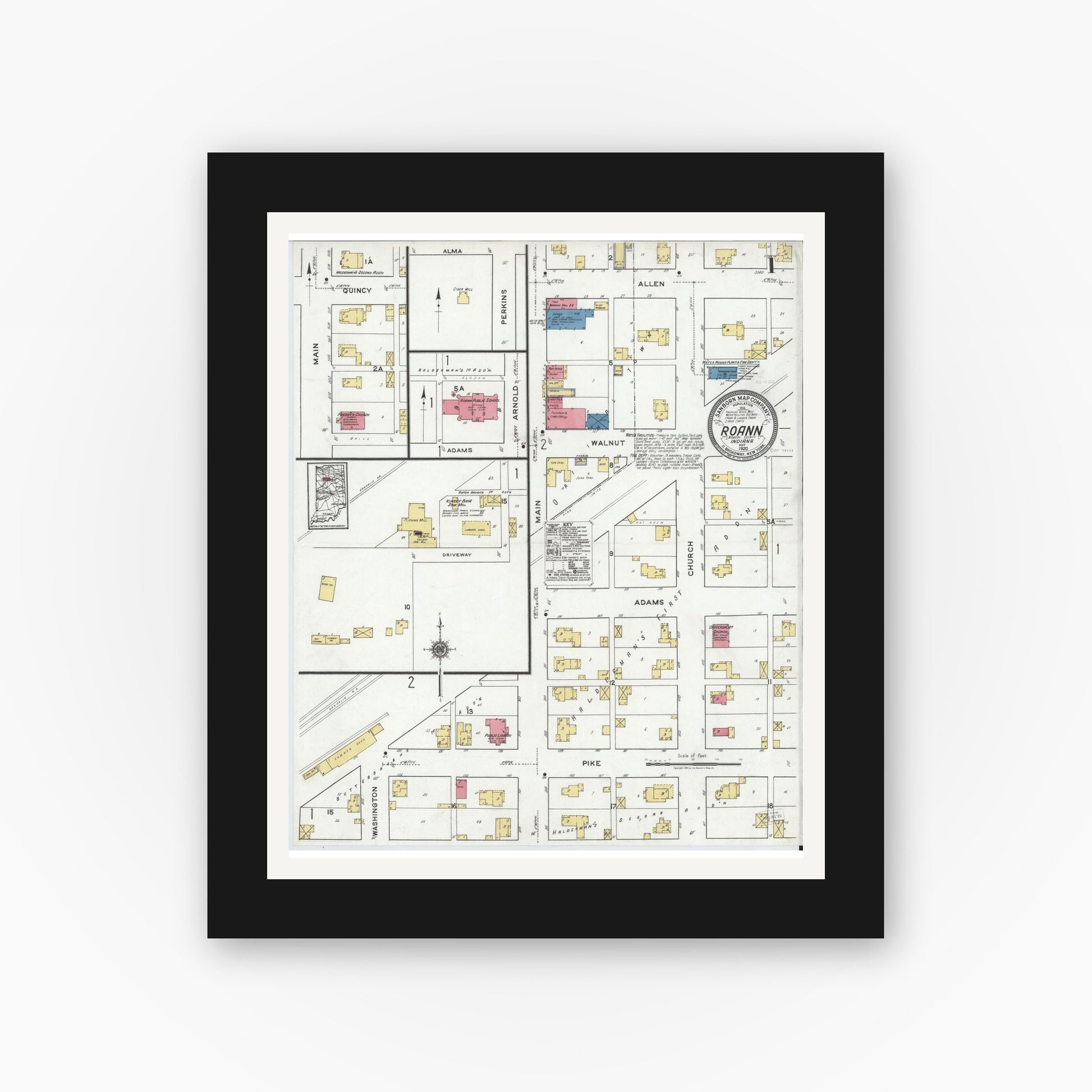 Old map wall art mockup — black gallery frame with white mat — Sanborn Fire Insurance Map from Roann, Wabash County, Indiana (1920) - Complete Map Set