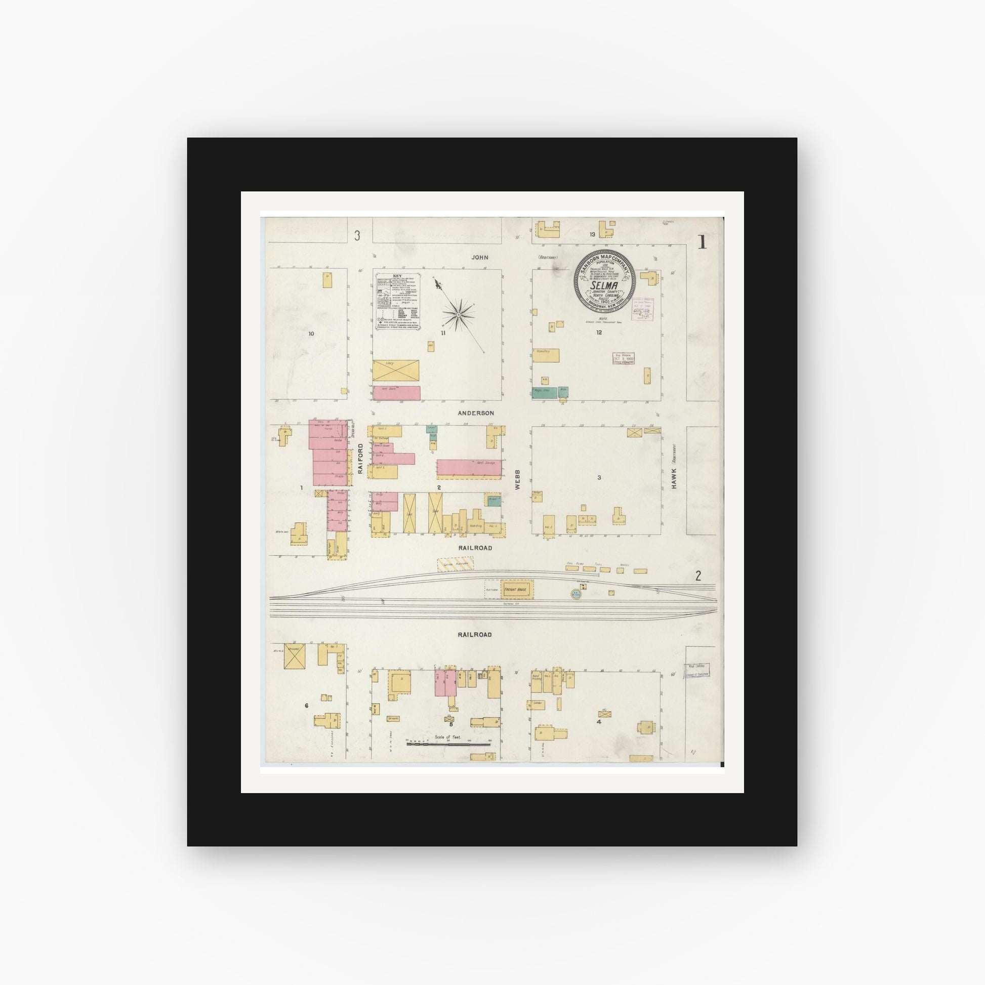 Old map wall art mockup — black gallery frame with white mat — Sanborn Fire Insurance Map from Selma, Johnston County, North Carolina (1905) - Complete Map Set