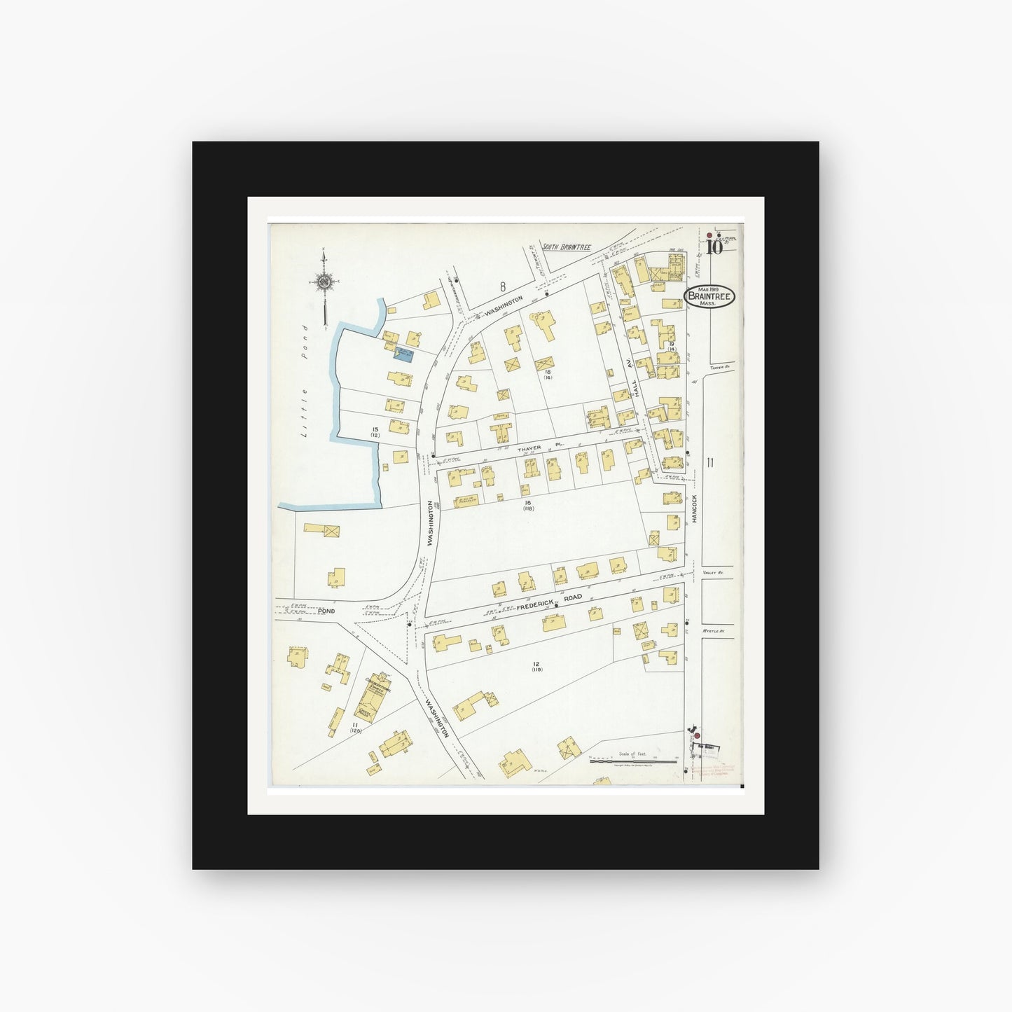 Old map wall art mockup — black gallery frame with white mat — Sanborn Fire Insurance Map from Braintree, Norfolk County, Massachusetts (1919), Sheet #0010