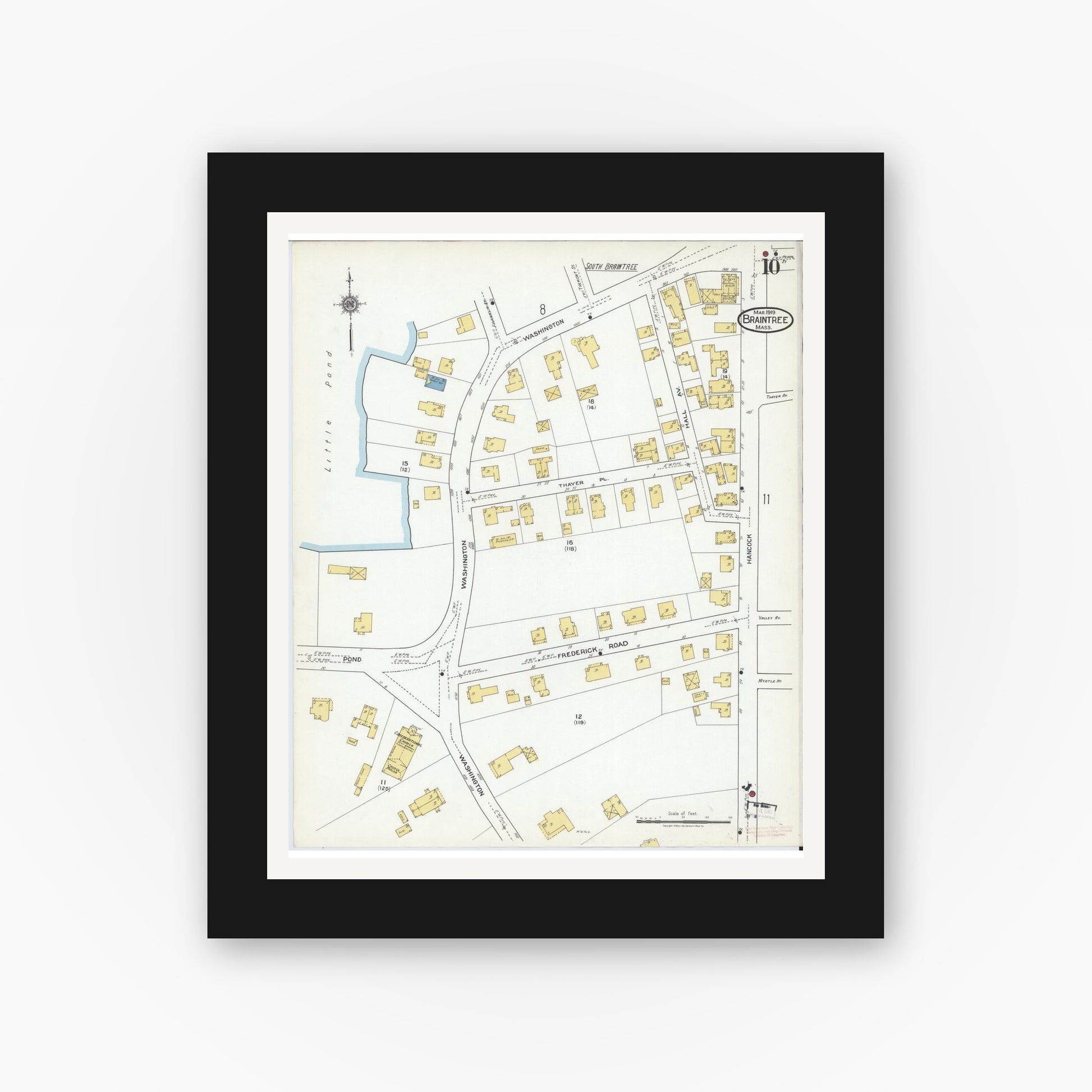 Old map wall art mockup — black gallery frame with white mat — Sanborn Fire Insurance Map from Braintree, Norfolk County, Massachusetts (1919), Sheet #0010