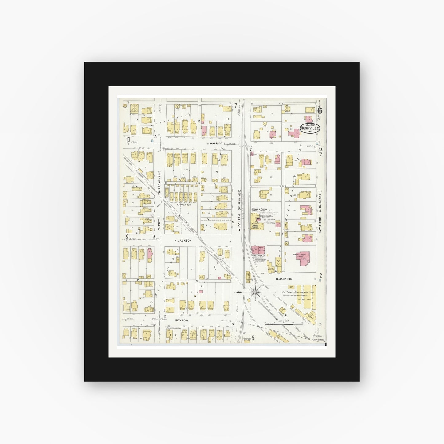 Old map wall art mockup — black gallery frame with white mat — Sanborn Fire Insurance Map from Rushville, Rush County, Indiana (1908), Sheet #0006