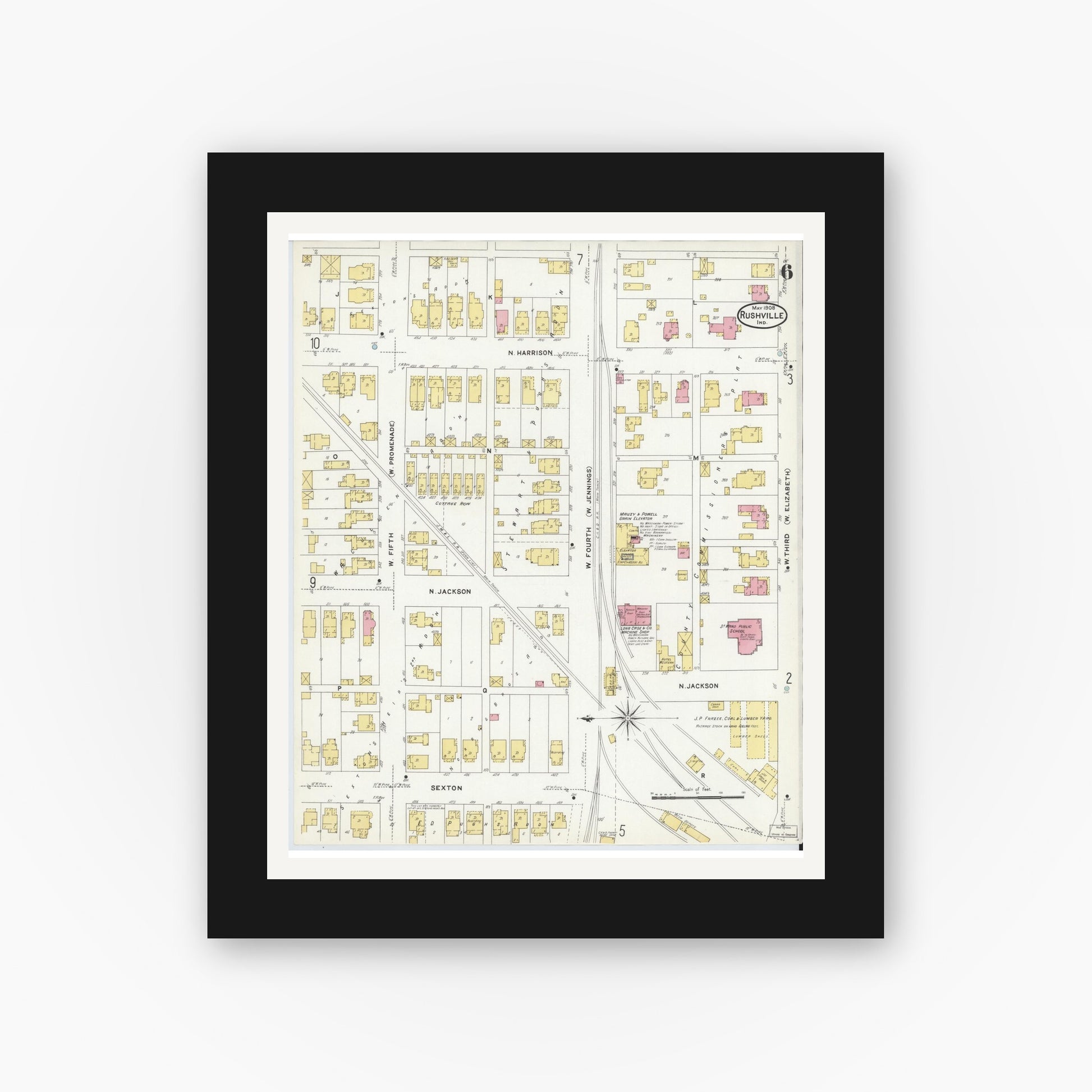 Old map wall art mockup — black gallery frame with white mat — Sanborn Fire Insurance Map from Rushville, Rush County, Indiana (1908), Sheet #0006