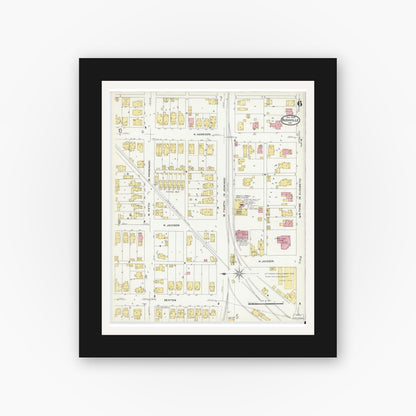Old map wall art mockup — black gallery frame with white mat — Sanborn Fire Insurance Map from Rushville, Rush County, Indiana (1908), Sheet #0006