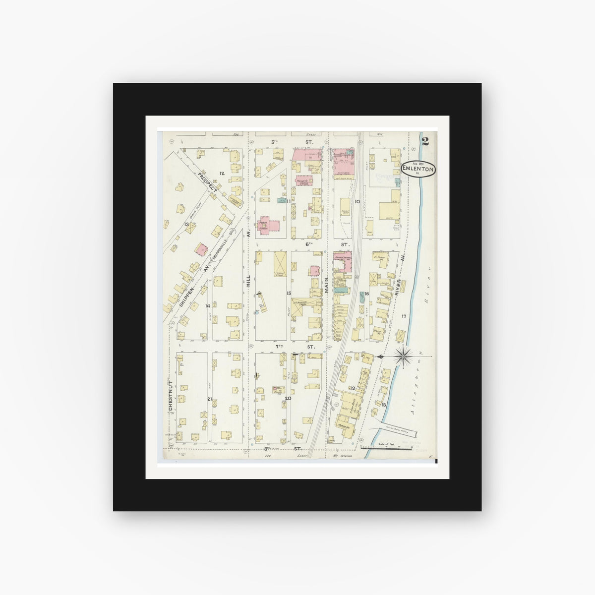 Old map wall art mockup — black gallery frame with white mat — Sanborn Fire Insurance Map from Emlenton, Venango County, Pennsylvania (1891), Sheet #0002