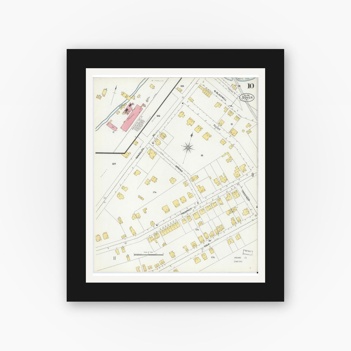 Old map wall art mockup — black gallery frame with white mat — Sanborn Fire Insurance Map from Dover, Morris County, New Jersey (1900), Sheet #0010