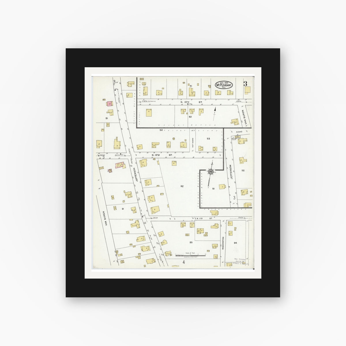 Old map wall art mockup — black gallery frame with white mat — Sanborn Fire Insurance Map from Mount Pleasant, Titus County, Texas (1920), Sheet #0003