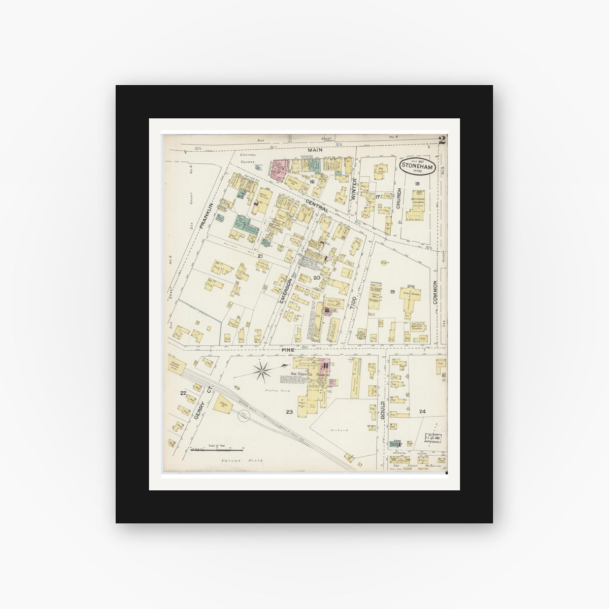 Old map wall art mockup — black gallery frame with white mat — Sanborn Fire Insurance Map from Stoneham, Middlesex County, Massachusetts (1887), Sheet #0002