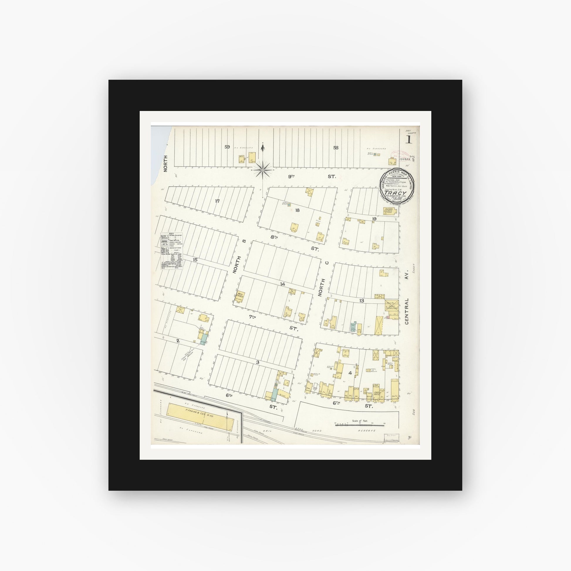 Old map wall art mockup — black gallery frame with white mat — Sanborn Fire Insurance Map from Tracy, San Joaquin County, California (1892) - Complete Map Set