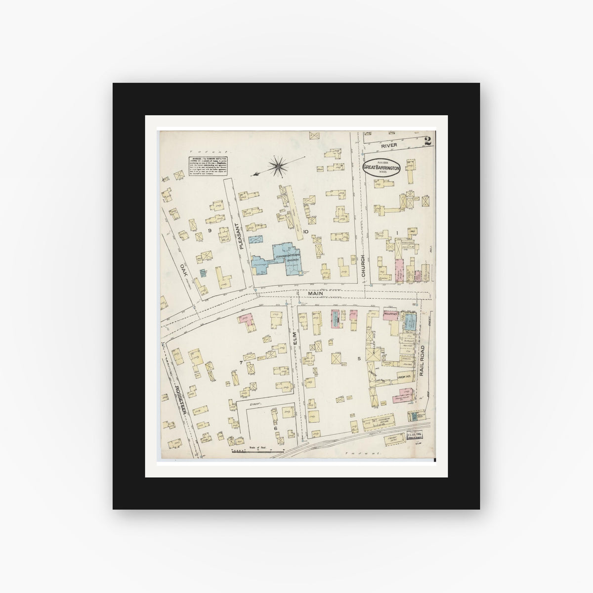 Old map wall art mockup — black gallery frame with white mat — Sanborn Fire Insurance Map from Great Barrington, Berkshire County, Massachusetts (1884), Sheet #0002