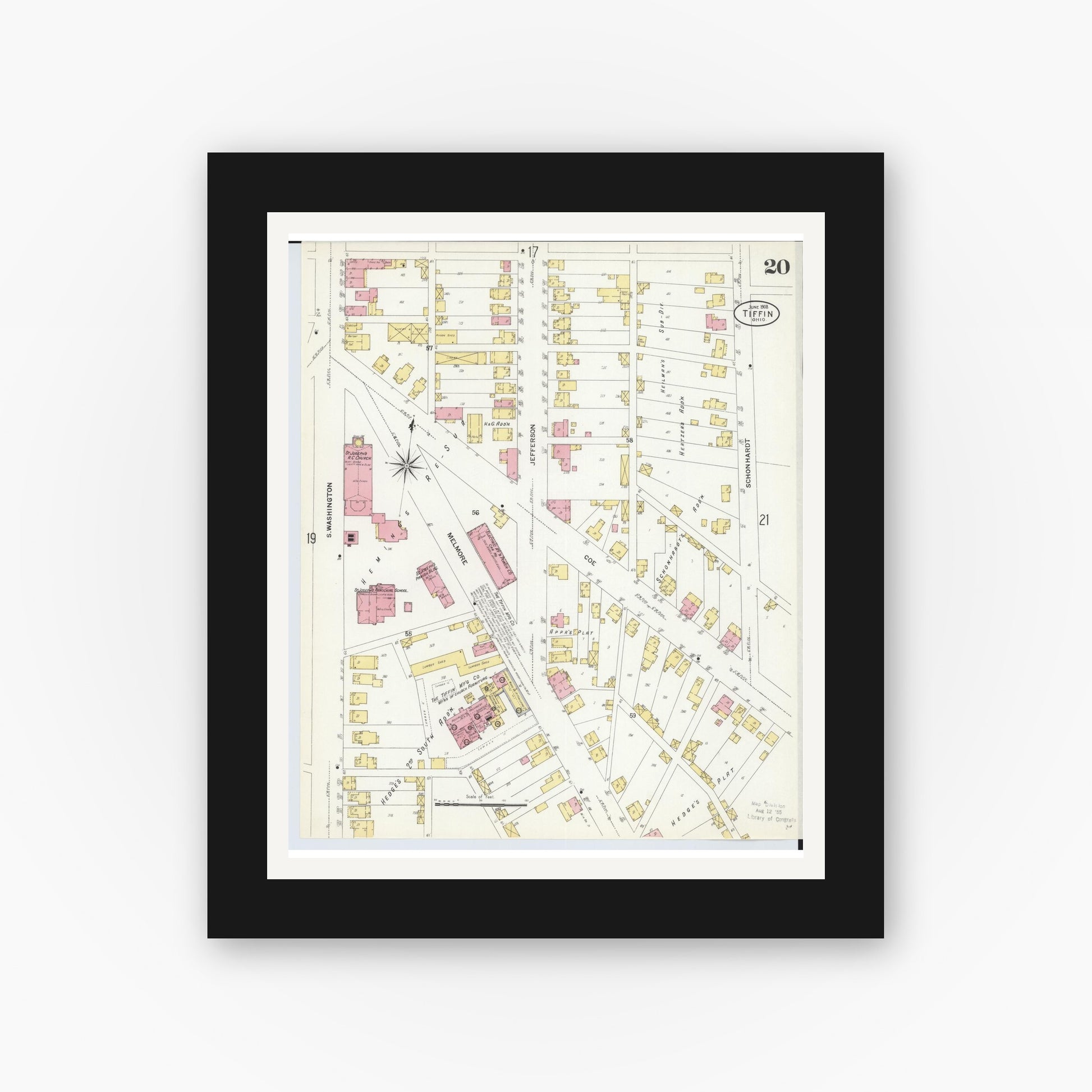 Old map wall art mockup — black gallery frame with white mat — Sanborn Fire Insurance Map from Tiffin, Seneca County, Ohio (1908), Sheet #0020