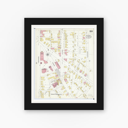 Old map wall art mockup — black gallery frame with white mat — Sanborn Fire Insurance Map from Tiffin, Seneca County, Ohio (1908), Sheet #0020