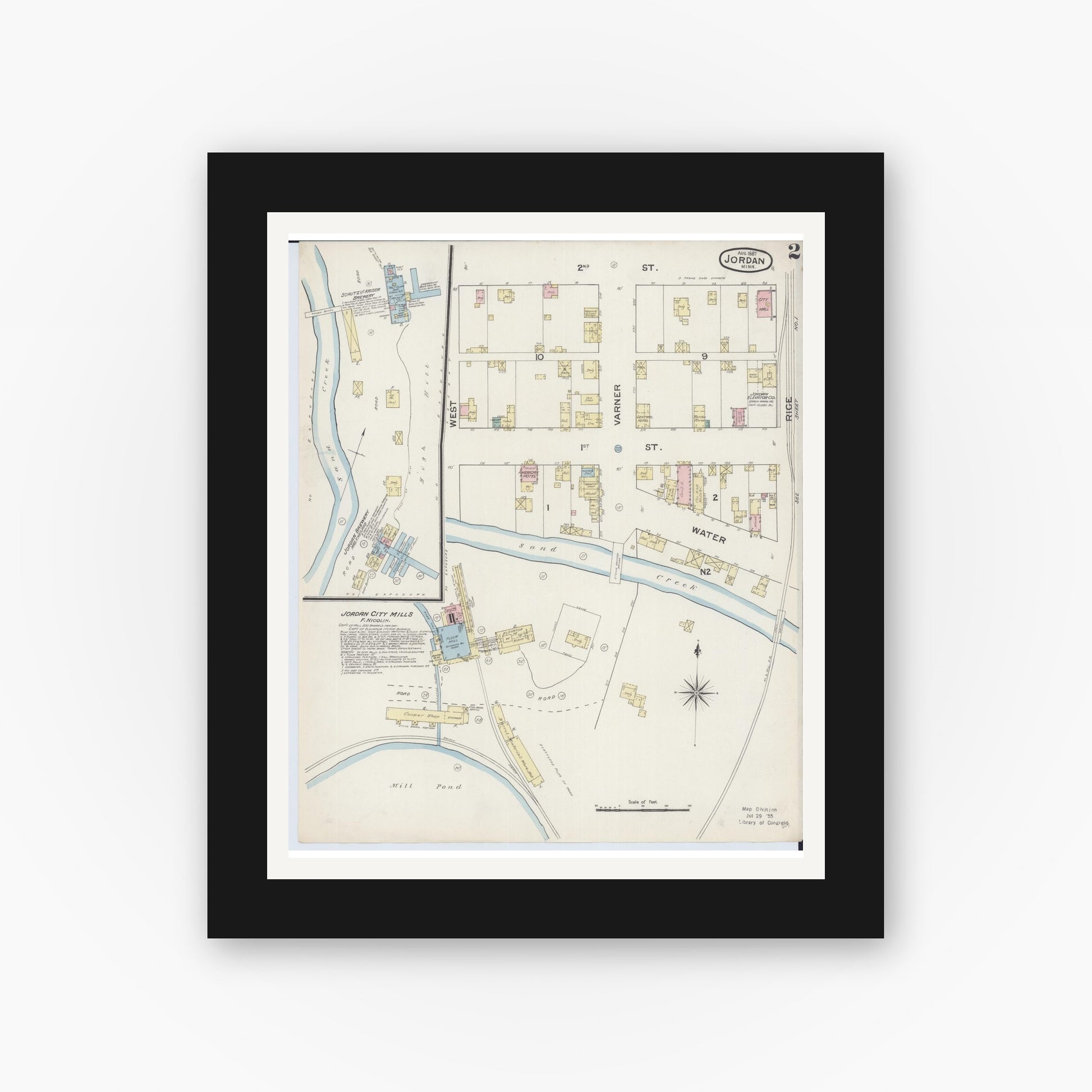 Old map wall art mockup — black gallery frame with white mat — Sanborn Fire Insurance Map from Jordan, Scott County, Minnesota (1887), Sheet #0002