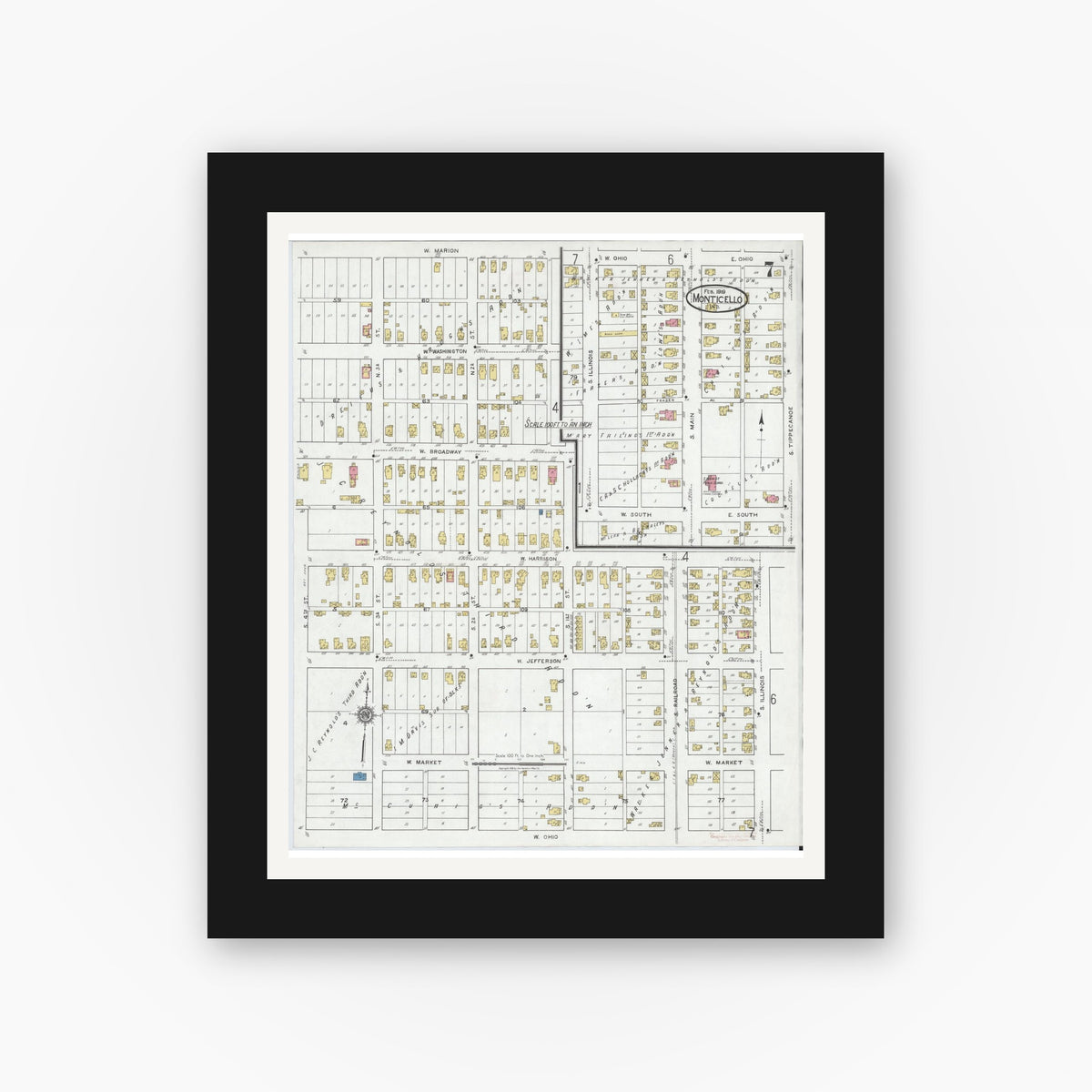 Old map wall art mockup — black gallery frame with white mat — Sanborn Fire Insurance Map from Monticello, White County, Indiana (1919), Sheet #0007