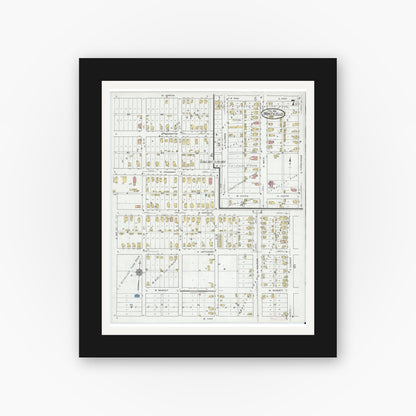 Old map wall art mockup — black gallery frame with white mat — Sanborn Fire Insurance Map from Monticello, White County, Indiana (1919), Sheet #0007