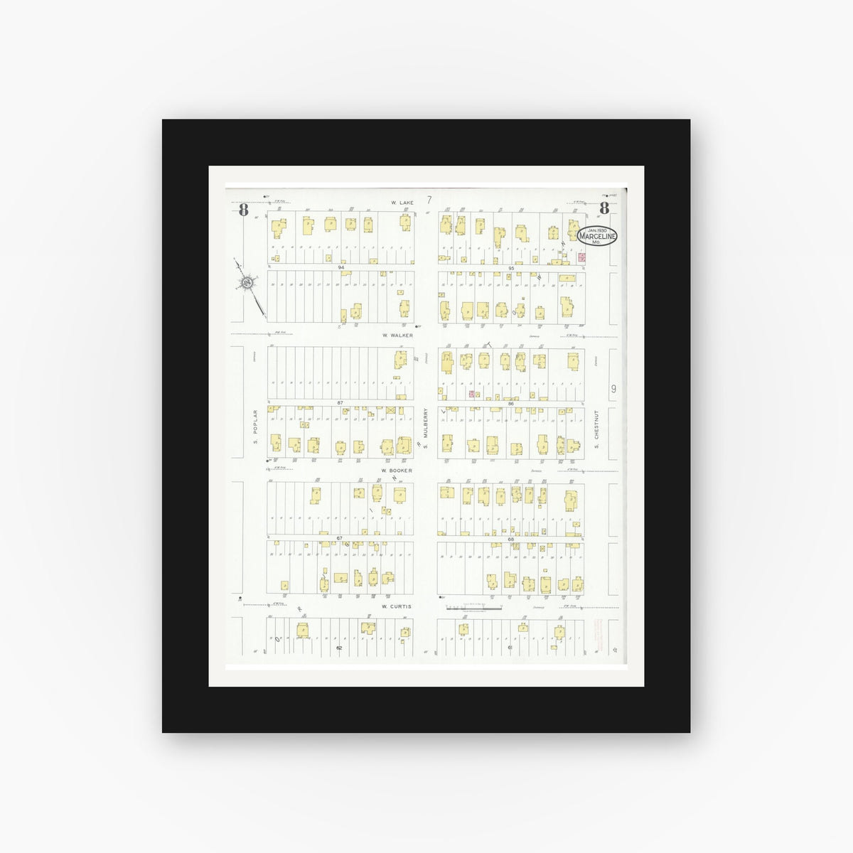 Old map wall art mockup — black gallery frame with white mat — Sanborn Fire Insurance Map from Marceline, Linn County, Missouri (1930), Sheet #0008