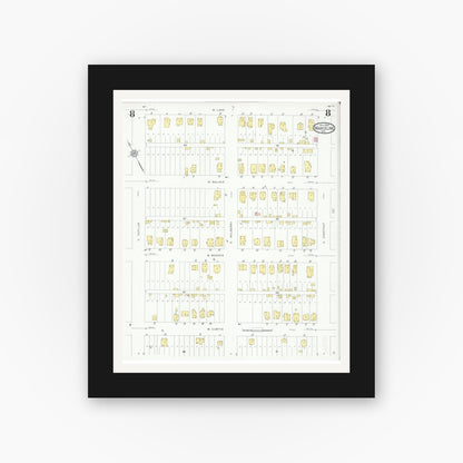Old map wall art mockup — black gallery frame with white mat — Sanborn Fire Insurance Map from Marceline, Linn County, Missouri (1930), Sheet #0008
