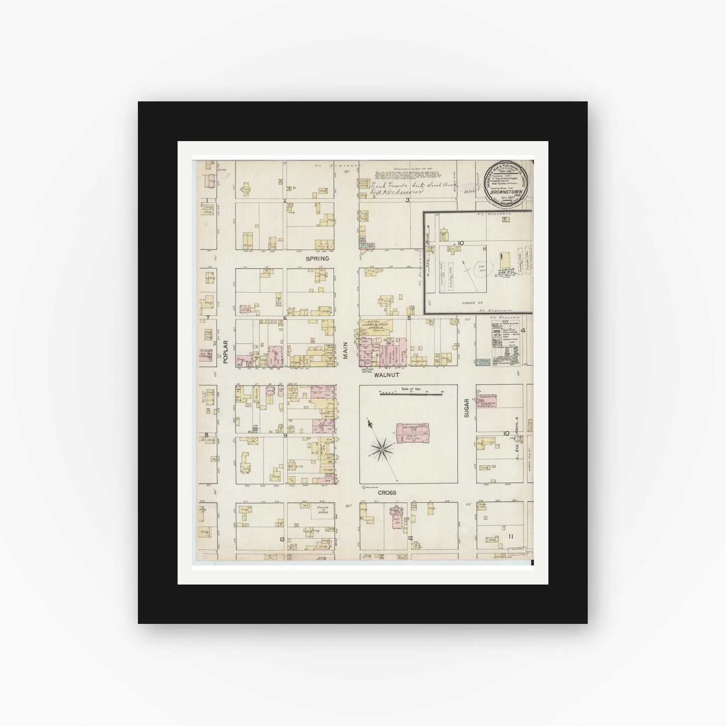 Old map wall art mockup — black gallery frame with white mat — Sanborn Fire Insurance Map from Brownstown, Jackson County, Indiana (1887), Sheet #0001