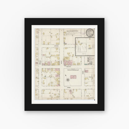 Old map wall art mockup — black gallery frame with white mat — Sanborn Fire Insurance Map from Brownstown, Jackson County, Indiana (1887), Sheet #0001