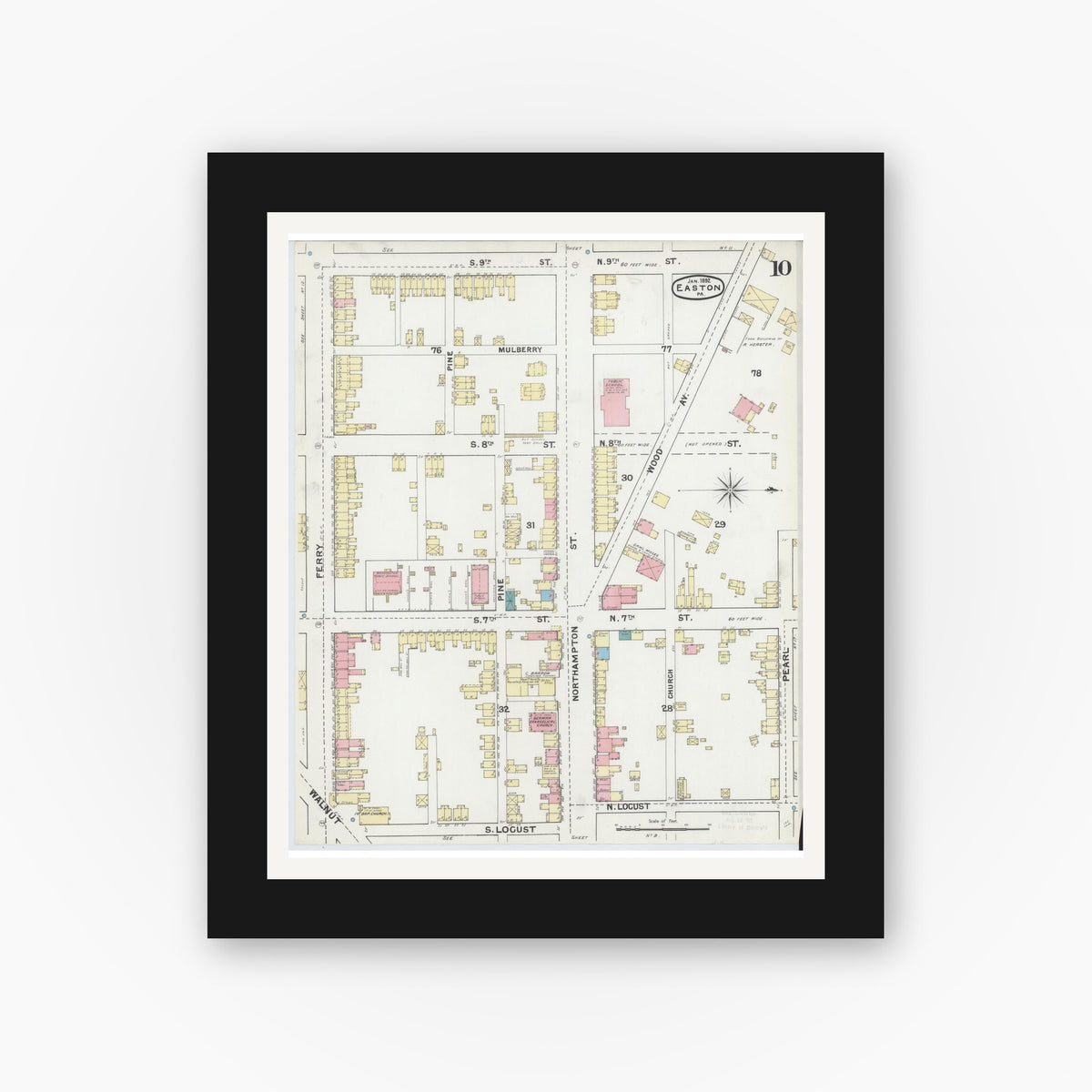 Old map wall art mockup — black gallery frame with white mat — Sanborn Fire Insurance Map from Easton, Northampton County, Pennsylvania (1892), Sheet #0010