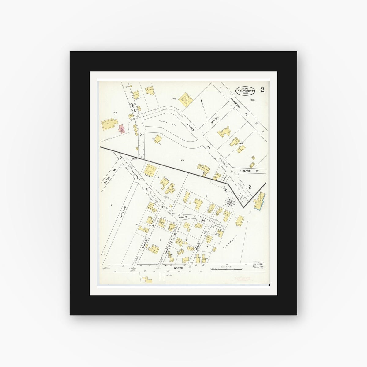 Old map wall art mockup — black gallery frame with white mat — Sanborn Fire Insurance Map from Nantucket, Nantucket County, Massachusetts (1909), Sheet #0002
