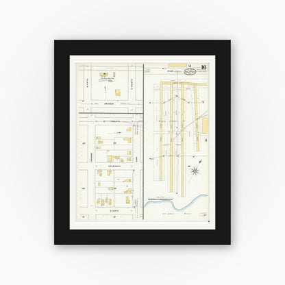 Old map wall art mockup — black gallery frame with white mat — Sanborn Fire Insurance Map from Palatka, Putnam County, Florida (1909), Sheet #0016