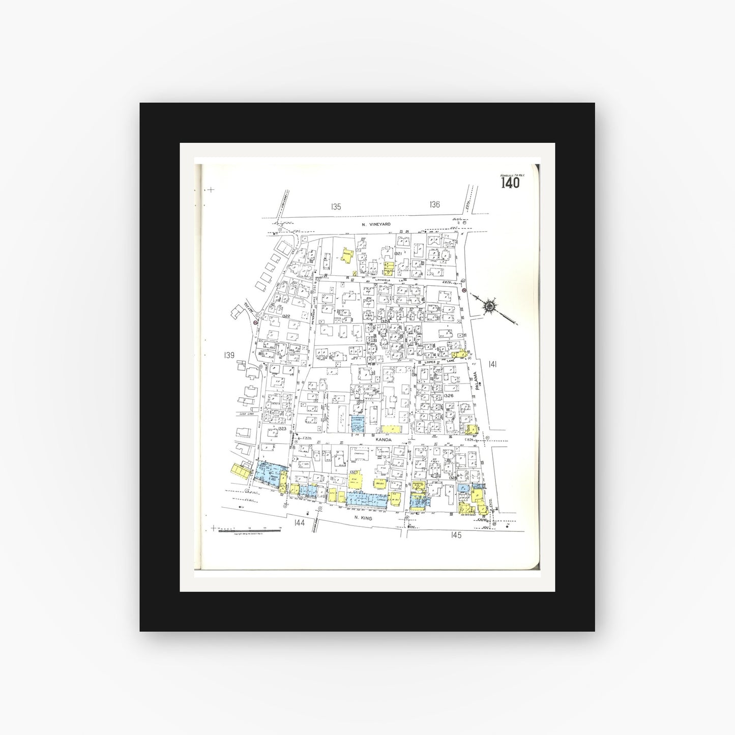 Old map wall art mockup — black gallery frame with white mat — Sanborn Fire Insurance Map from Honolulu, Oahu County, Hawaii (1955), Sheet #0140