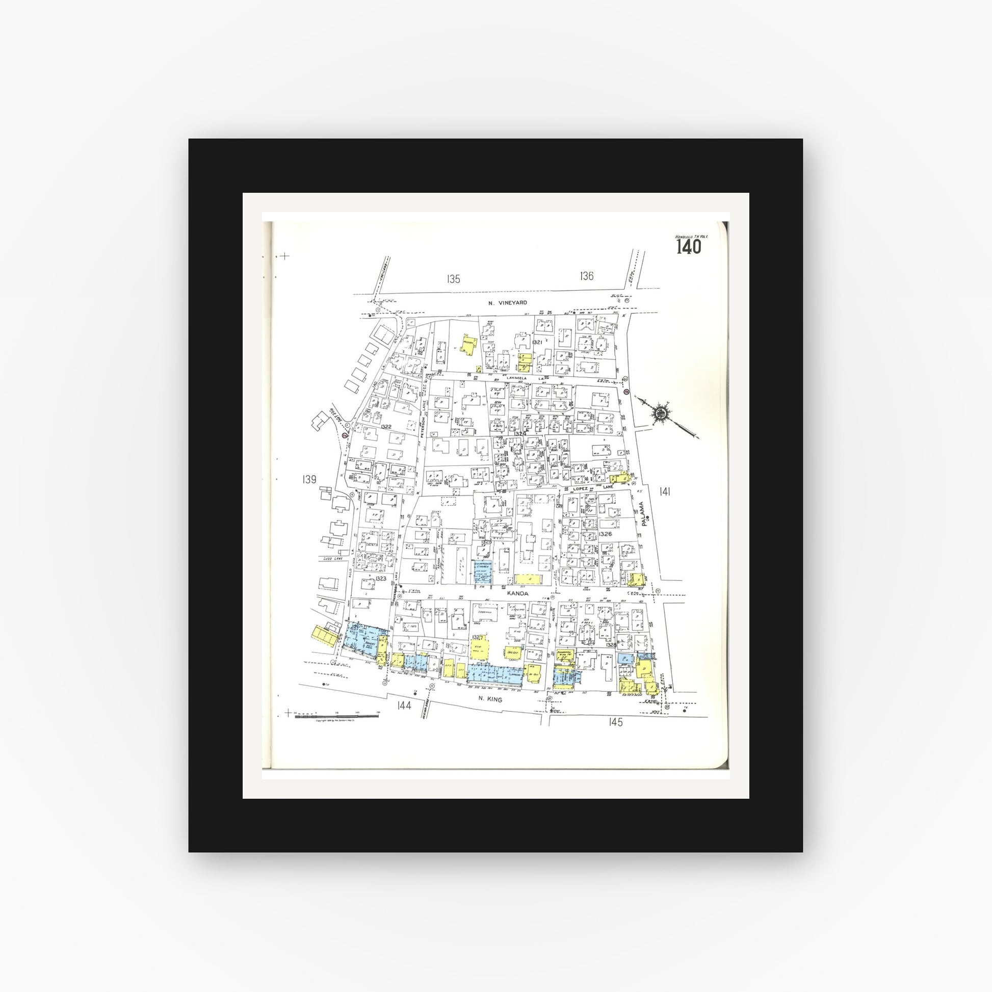 Old map wall art mockup — black gallery frame with white mat — Sanborn Fire Insurance Map from Honolulu, Oahu County, Hawaii (1955), Sheet #0140