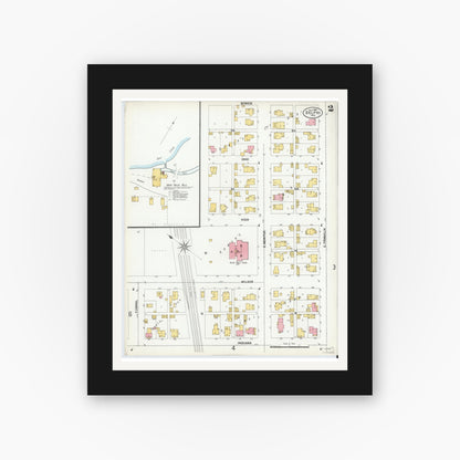 Old map wall art mockup — black gallery frame with white mat — Sanborn Fire Insurance Map from Delphi, Carroll County, Indiana (1900), Sheet #0002