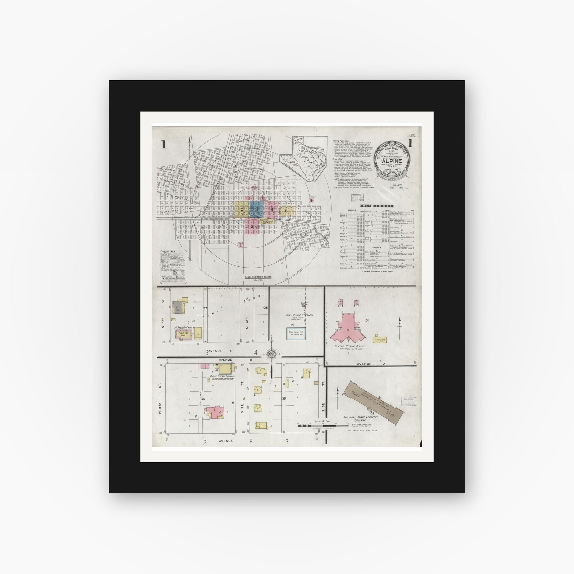 Old map wall art mockup — black gallery frame with white mat — Sanborn Fire Insurance Map from Alpine, Brewster County, Texas (1927), Sheet #0001