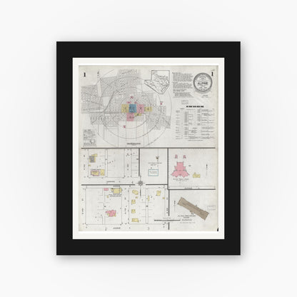 Old map wall art mockup — black gallery frame with white mat — Sanborn Fire Insurance Map from Alpine, Brewster County, Texas (1927), Sheet #0001