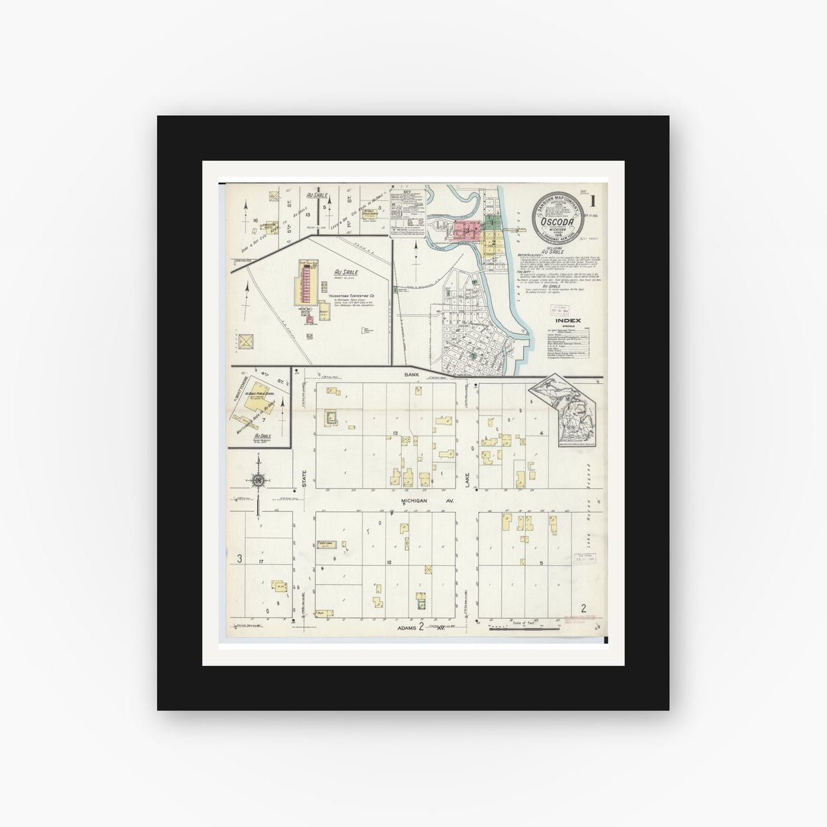 Old map wall art mockup — black gallery frame with white mat — Sanborn Fire Insurance Map from Oscoda, Iosco County, Michigan (1914), Sheet #0001