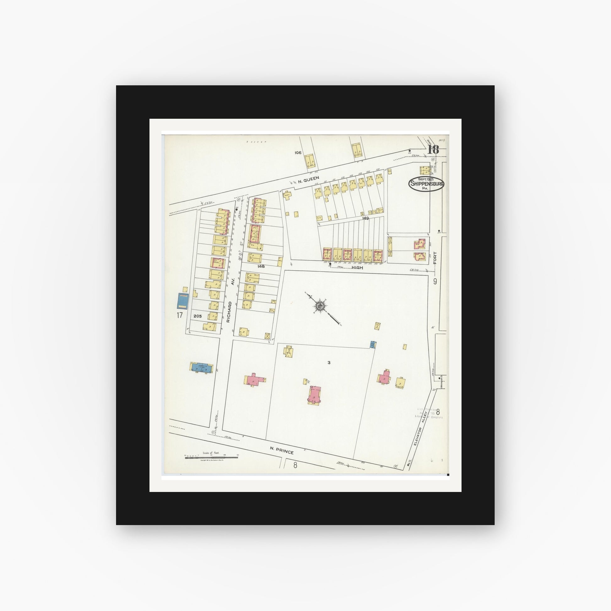 Old map wall art mockup — black gallery frame with white mat — Sanborn Fire Insurance Map from Shippensburg, Cumberland And Franklin Counties, Pennsylvania (1921), Sheet #0018