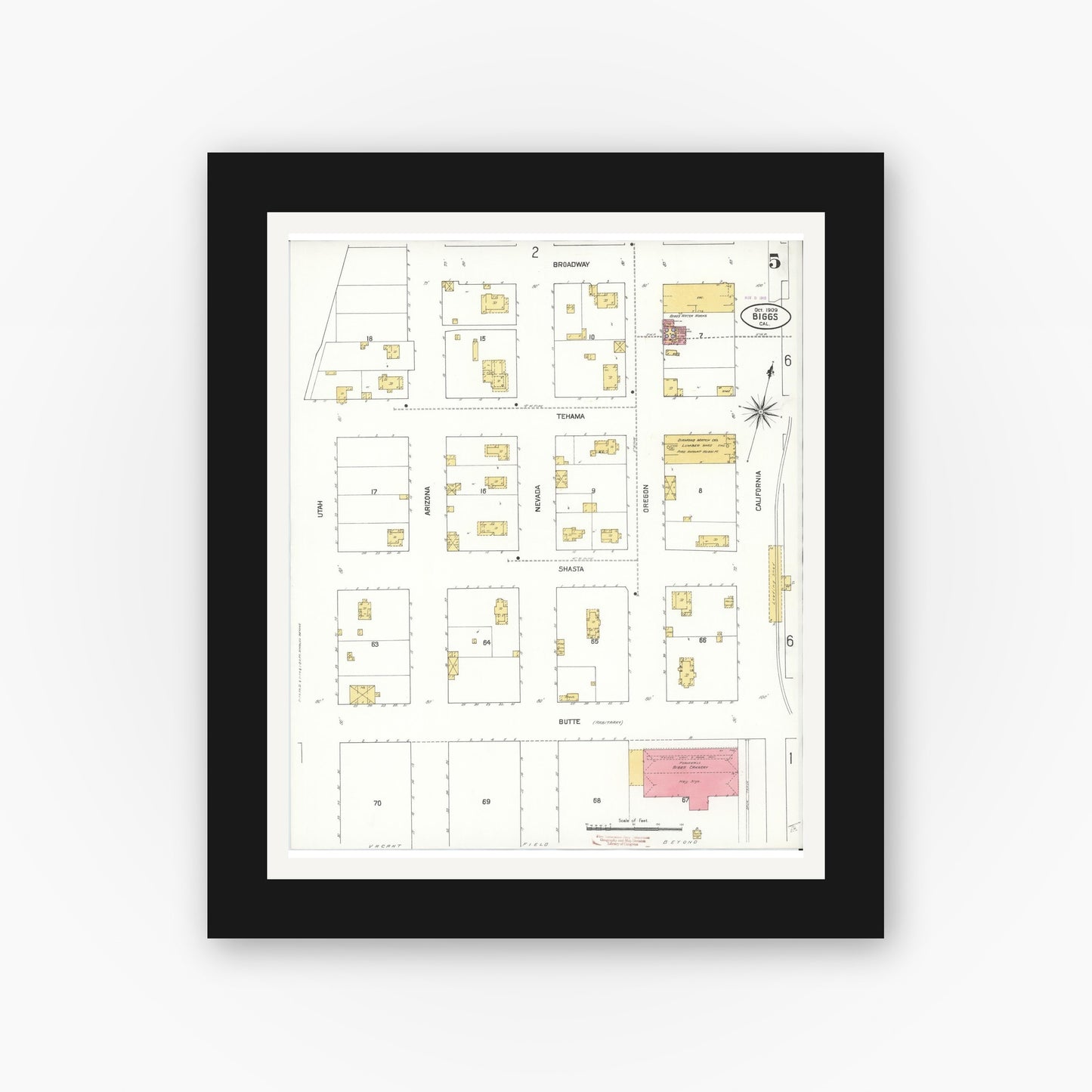 Old map wall art mockup — black gallery frame with white mat — Sanborn Fire Insurance Map from Biggs, Butte County, California (1909), Sheet #0005
