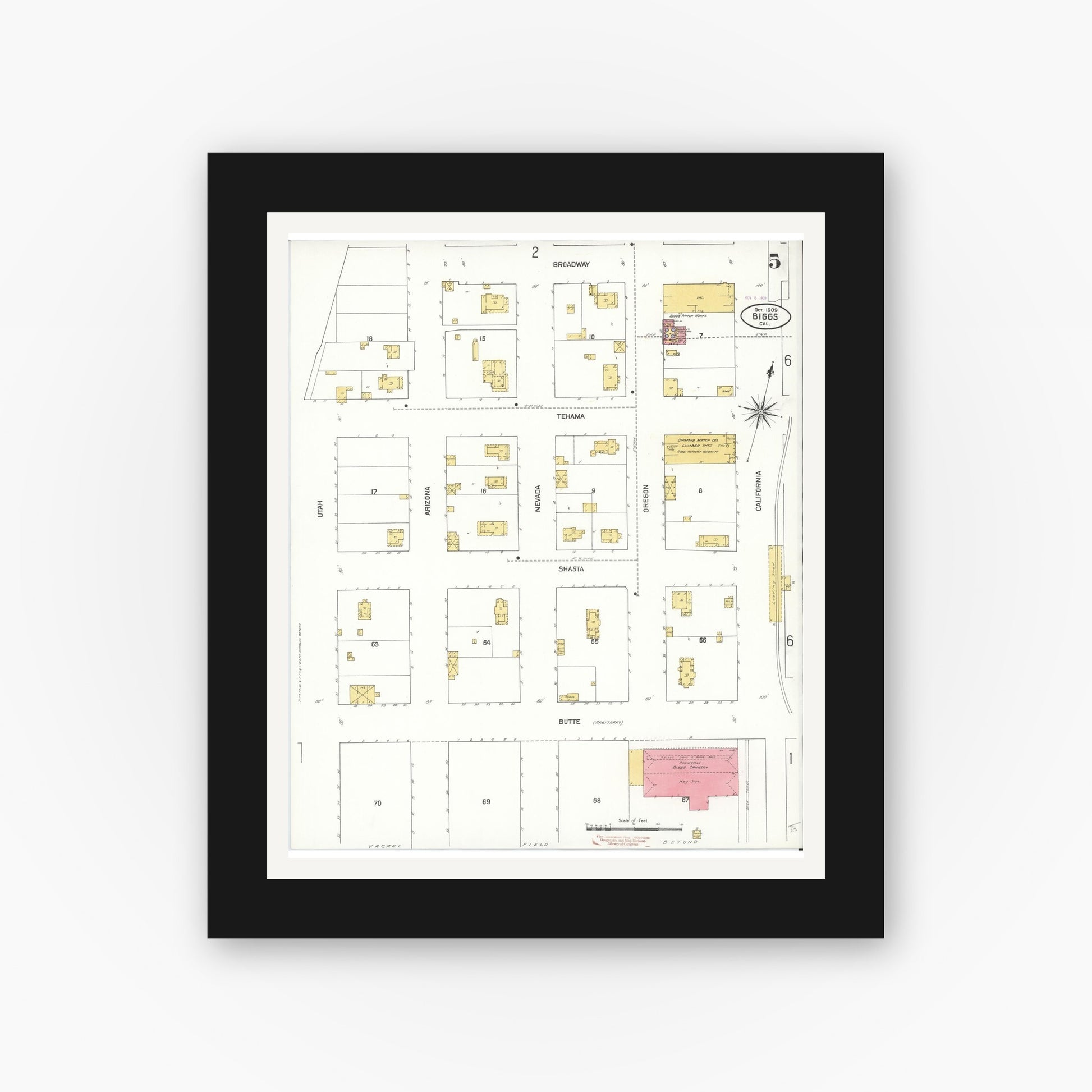 Old map wall art mockup — black gallery frame with white mat — Sanborn Fire Insurance Map from Biggs, Butte County, California (1909), Sheet #0005