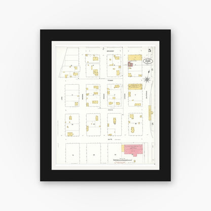Old map wall art mockup — black gallery frame with white mat — Sanborn Fire Insurance Map from Biggs, Butte County, California (1909), Sheet #0005