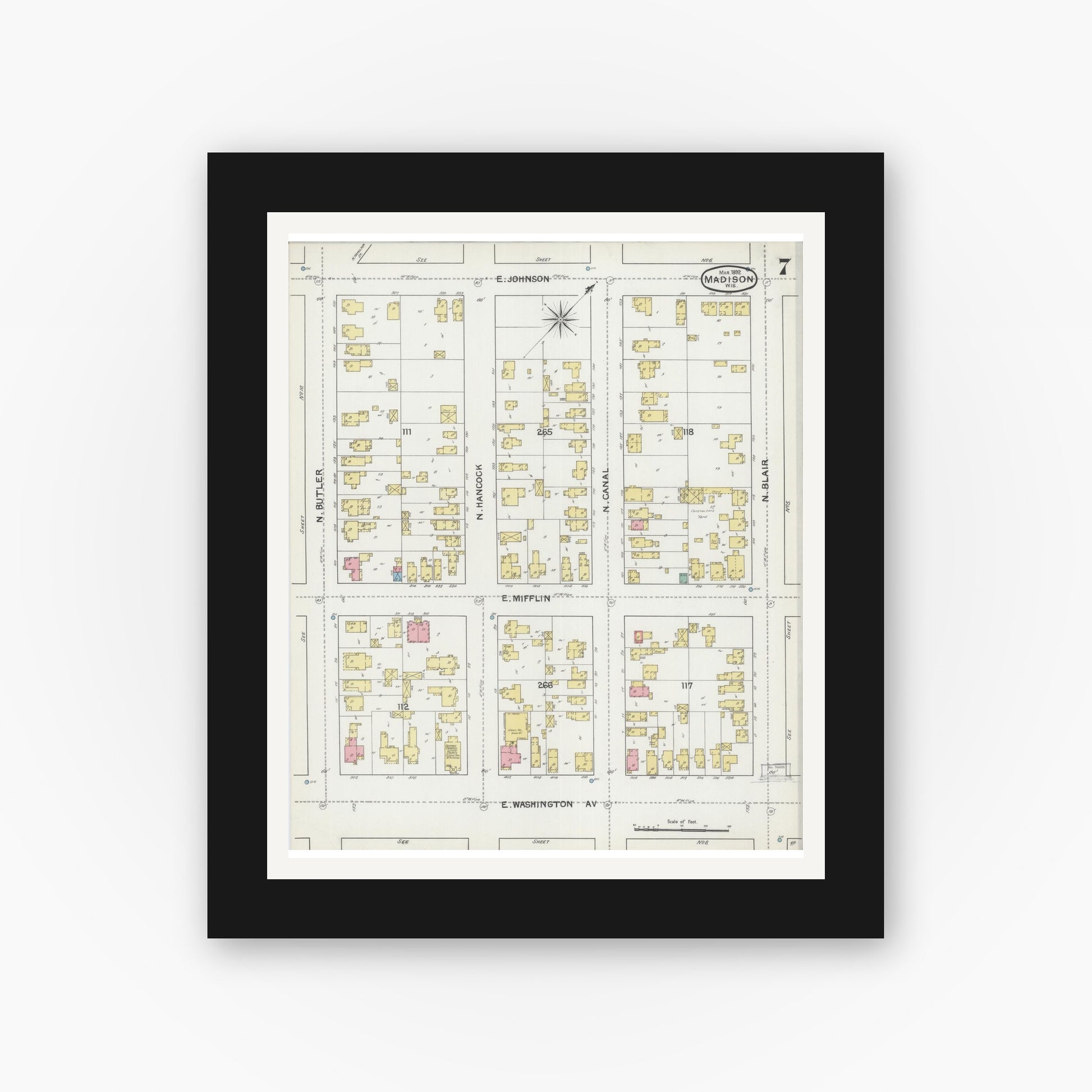 Old map wall art mockup — black gallery frame with white mat — Sanborn Fire Insurance Map from Madison, Dane County, Wisconsin (1892), Sheet #0007