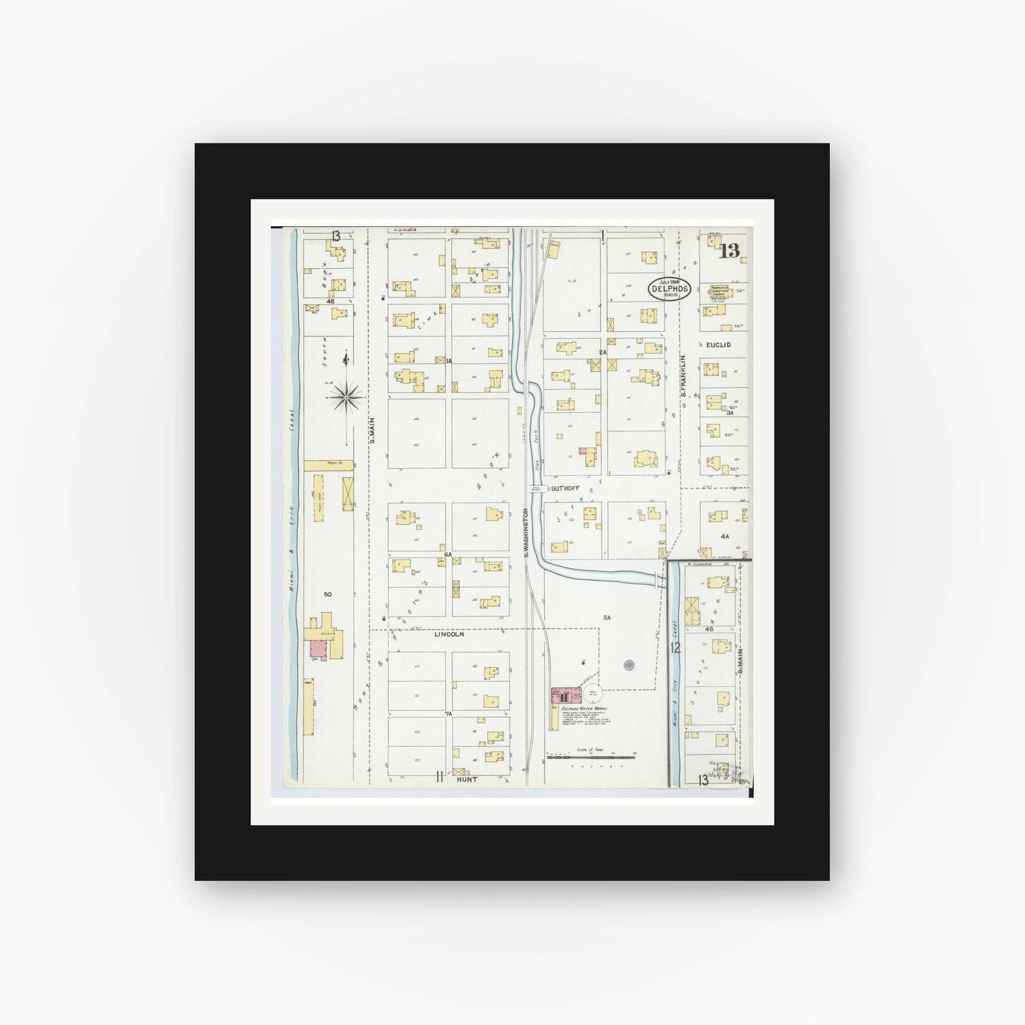 Old map wall art mockup — black gallery frame with white mat — Sanborn Fire Insurance Map from Delphos, Van Wert And Allen Counties, Ohio (1904), Sheet #0013