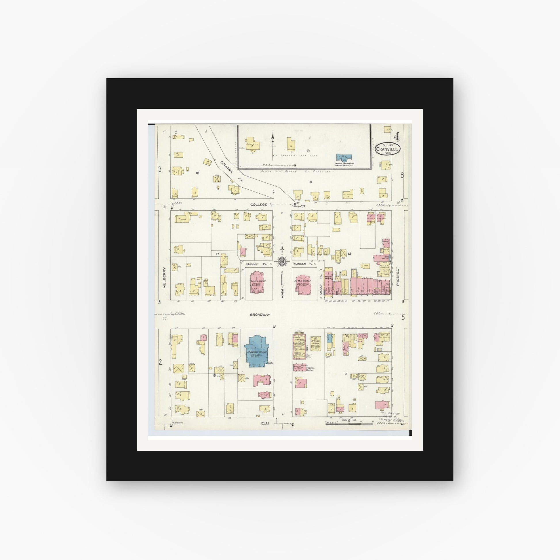 Old map wall art mockup — black gallery frame with white mat — Sanborn Fire Insurance Map from Granville, Licking County, Ohio (1913), Sheet #0004