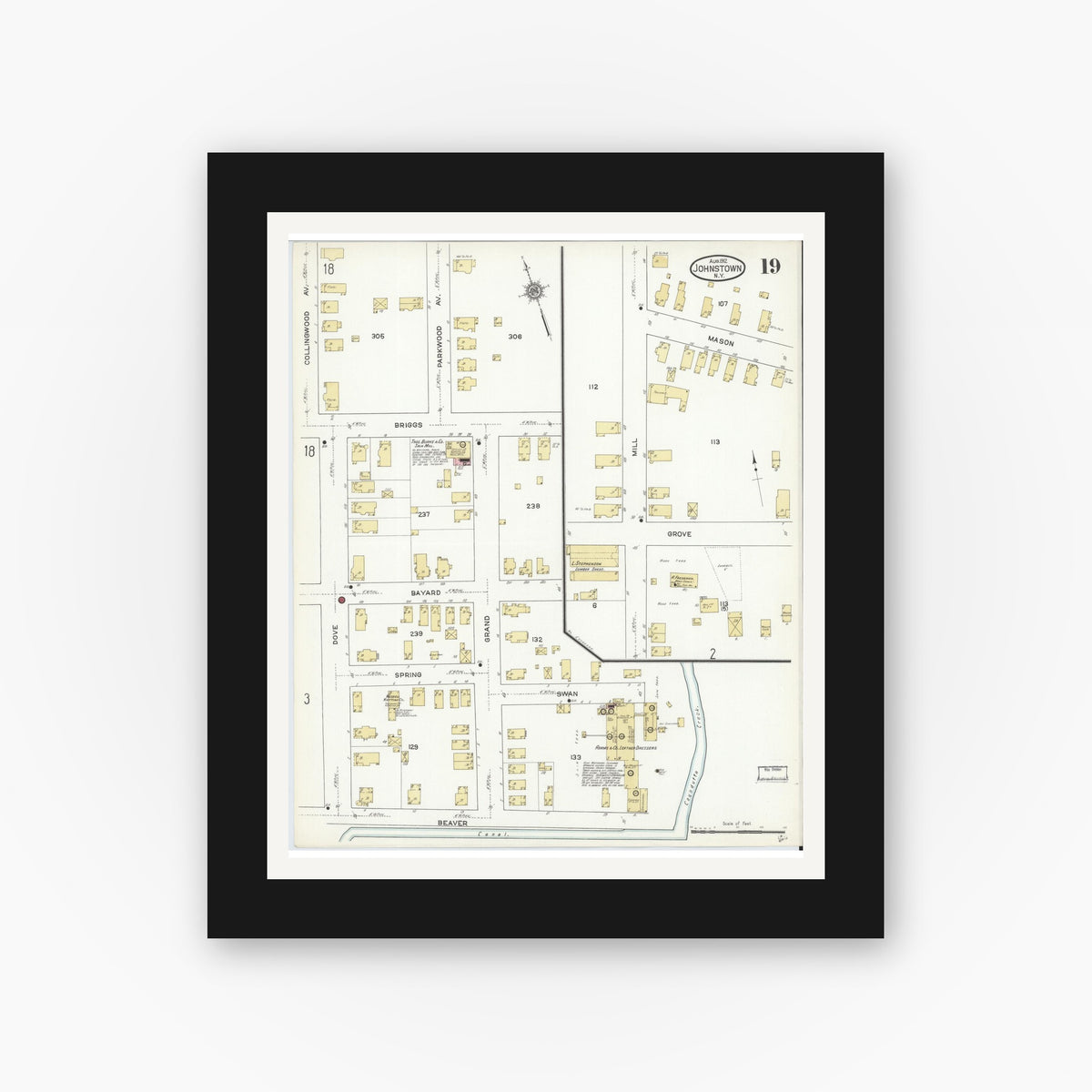 Old map wall art mockup — black gallery frame with white mat — Sanborn Fire Insurance Map from Johnstown, Fulton County, New York (1912), Sheet #0019